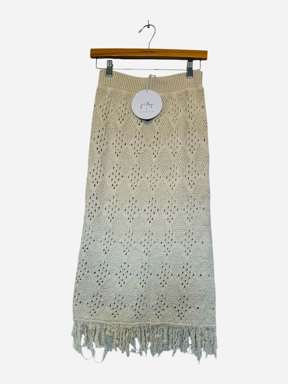 Knit Cream Crochet Fringe Midi Skirt